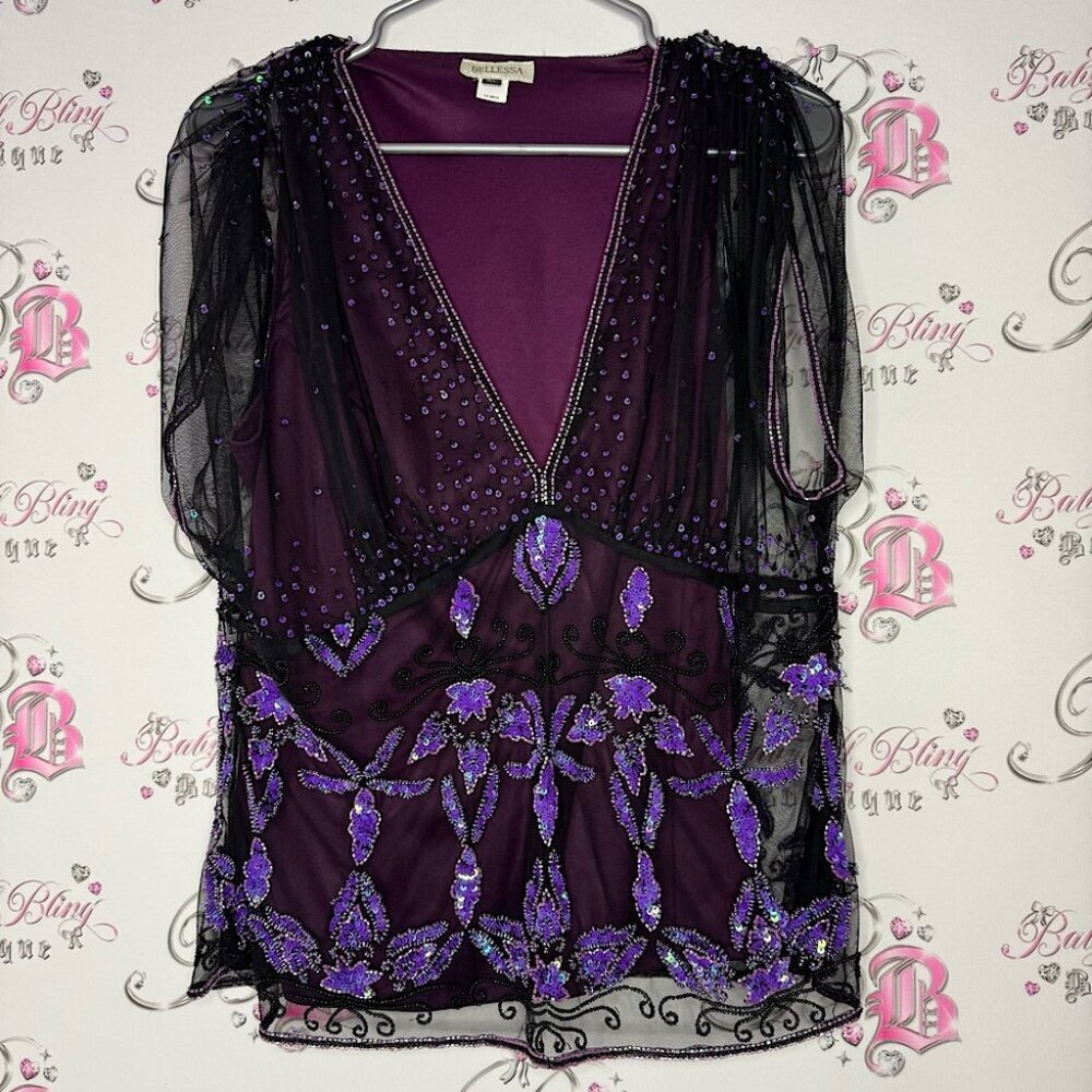 Bellesa embroiled top purple black beaded sequins stunning 🤩 dressy blouse